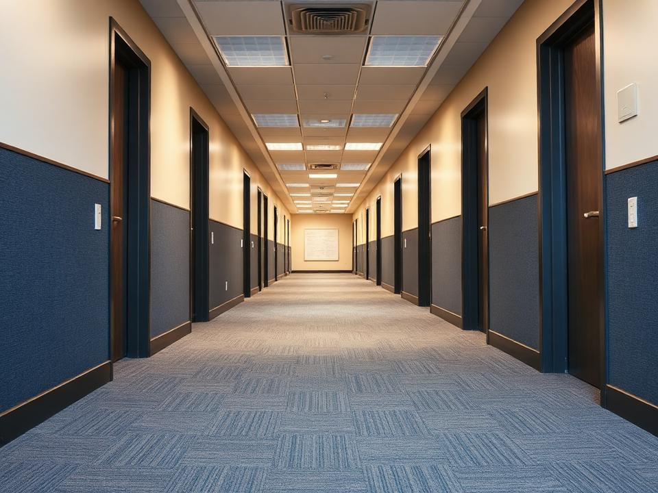 Office corridor after professional deep cleaning — fresh carpet and clean walls