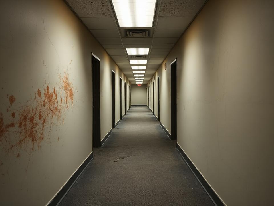 Office corridor before deep cleaning — stained carpet and scuffed walls